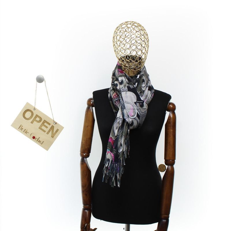 Fashion, accesorii si bijuterii - Femei - Accesorii femei - Esarfe si fulare femei - Esarfa, de dama, Buticcochet, Casmir, 70x170 cm, model cu bufnite, Gri - ES2780 - Infinity.ro