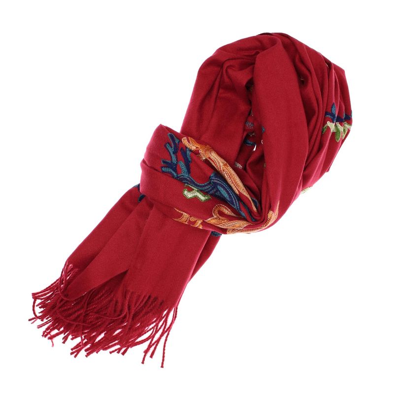 Fashion, accesorii si bijuterii - Femei - Accesorii femei - Esarfe si fulare femei - Esarfa, de dama, Buticcochet, Casmir, cu model ren brodat, 70x180 cm, Visiniu - ES1533 - Infinity.ro