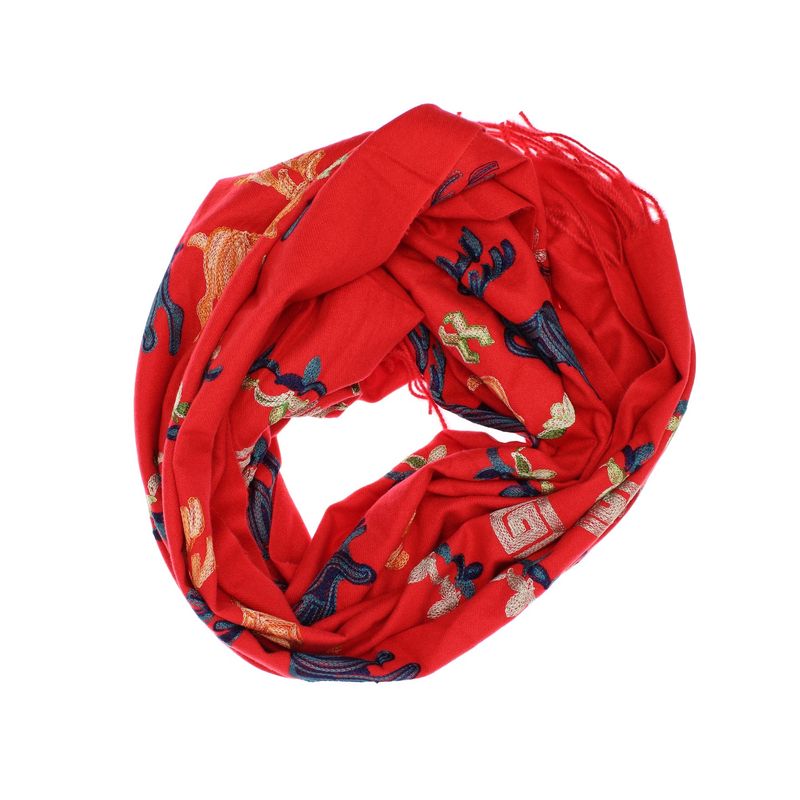 Fashion, accesorii si bijuterii - Femei - Accesorii femei - Esarfe si fulare femei - Esarfa, de dama, Buticcochet, Casmir, cu model ren brodat, 70x180 cm, Rosu - ES1525 - Infinity.ro