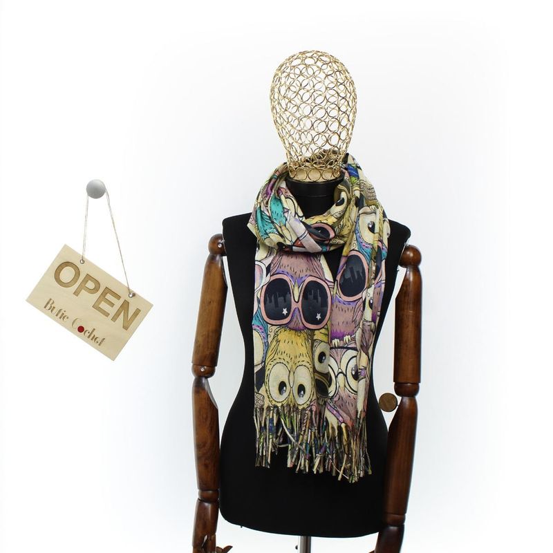 Fashion, accesorii si bijuterii - Femei - Accesorii femei - Esarfe si fulare femei - Esarfa, de dama, Buticcochet, Casmir, 70x170 cm, model cu bufnite, Bej - ES2778 - Infinity.ro