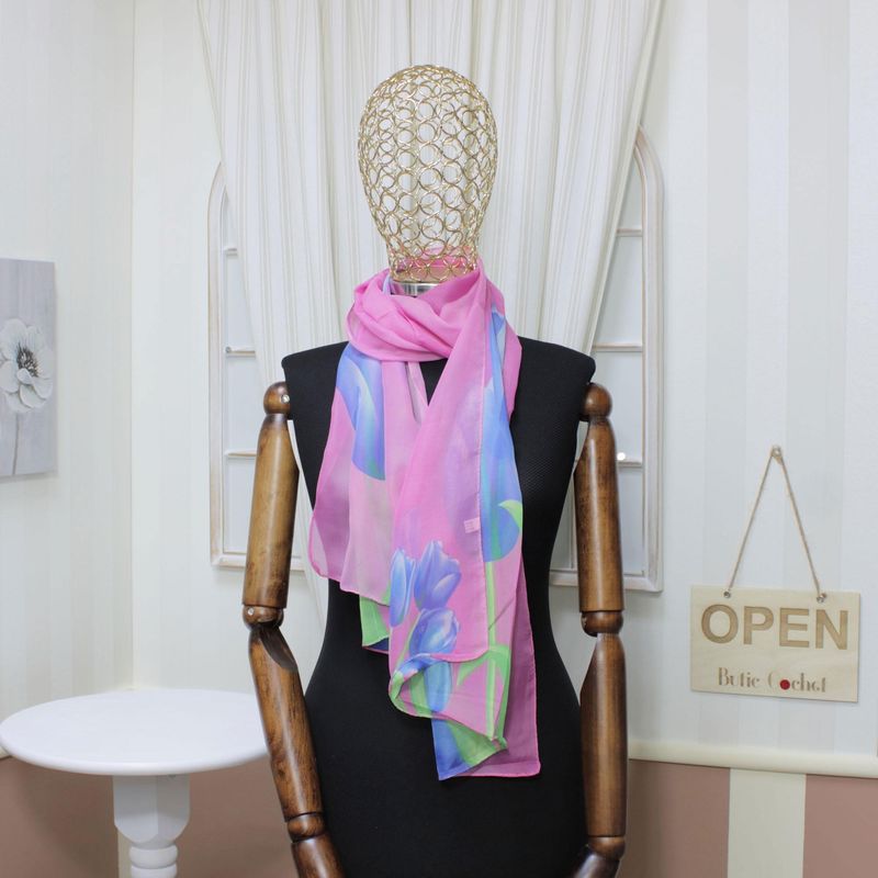 Fashion, accesorii si bijuterii - Femei - Accesorii femei - Esarfe si fulare femei - Esarfa, de dama, Buticcochet, din poliester, imprimeu cu lalele, 150x50 cm, Roz - ES1286 - Infinity.ro