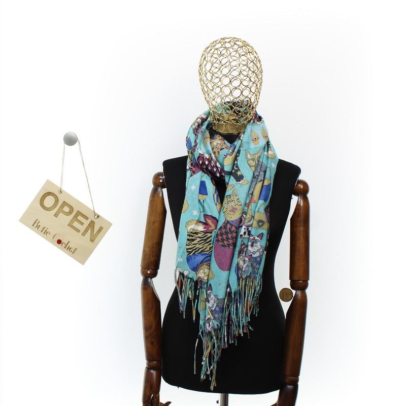 Fashion, accesorii si bijuterii - Femei - Accesorii femei - Esarfe si fulare femei - Esarfa, de dama, Buticcochet, Casmir, 70x170 cm, model pisicute, Turcoaz inchis - ES2765 - Infinity.ro