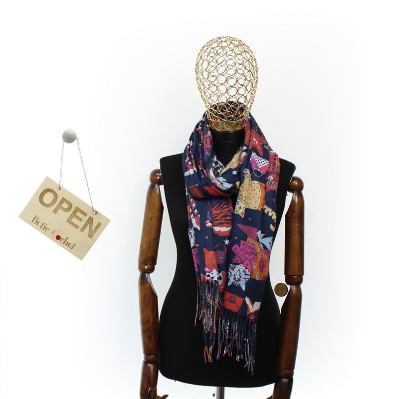 Fashion, accesorii si bijuterii - Femei - Accesorii femei - Esarfe si fulare femei - Esarfa, de dama, Buticcochet, Casmir, 70x170 cm, model pisicute, Bleumarin - ES2764 - Infinity.ro