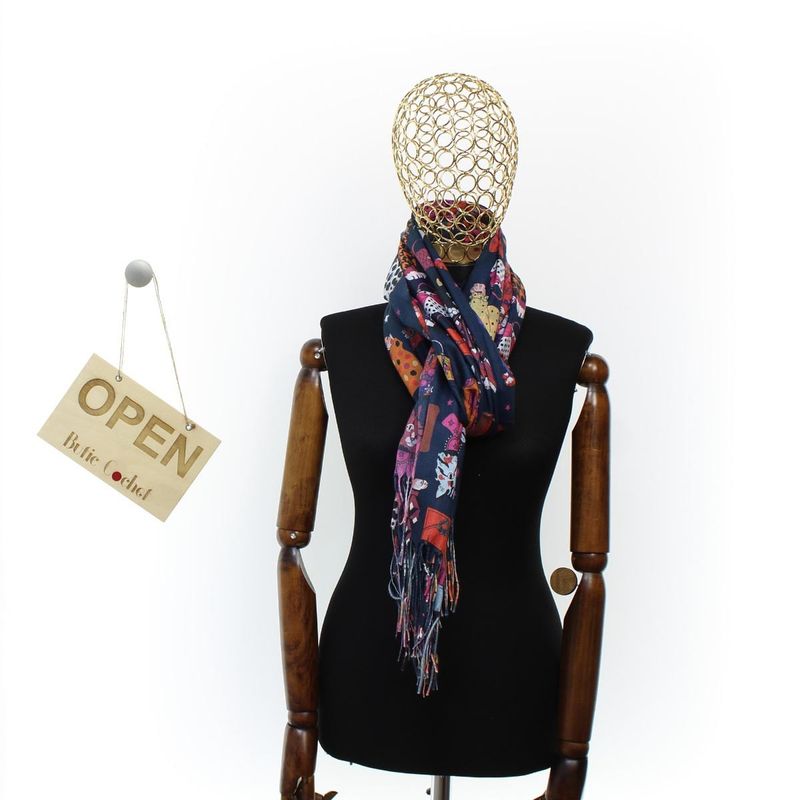 Fashion, accesorii si bijuterii - Femei - Accesorii femei - Esarfe si fulare femei - Esarfa, de dama, Buticcochet, Casmir, 70x170 cm, model pisicute, Bleumarin - ES2764 - Infinity.ro
