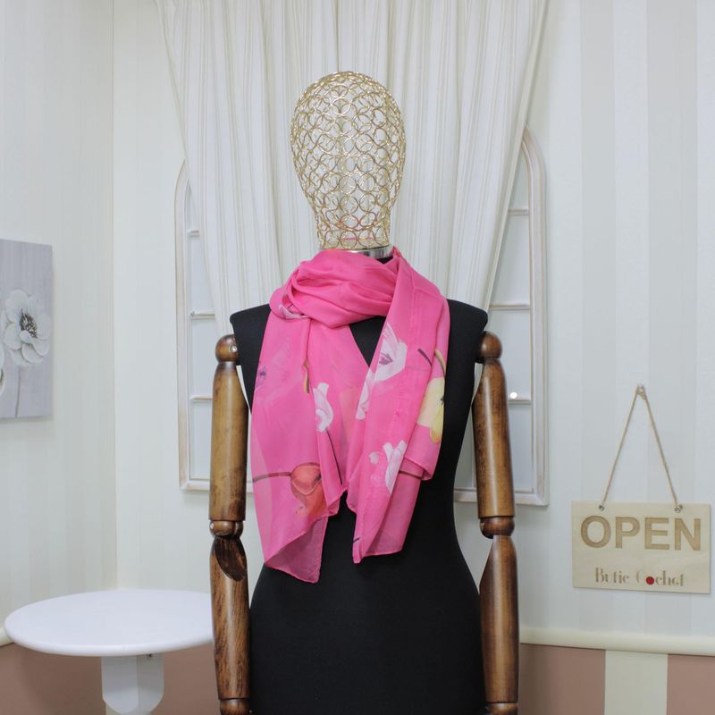 Fashion, accesorii si bijuterii - Femei - Accesorii femei - Esarfe si fulare femei - Esarfa, de dama, Buticcochet, din poliester, Roz cu lalele, 150x50 cm - ES1124 - Infinity.ro