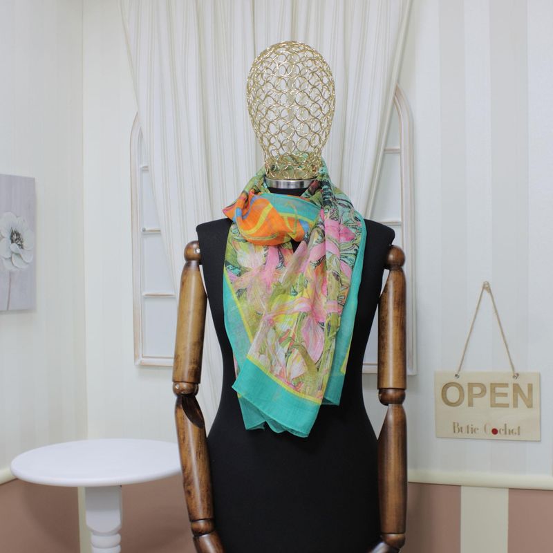 Fashion, accesorii si bijuterii - Femei - Accesorii femei - Esarfe si fulare femei - Esarfa, de dama, Buticcochet, din poliester, Verde cu imprimeu floral, 50x160 cm - ES1062 - Infinity.ro