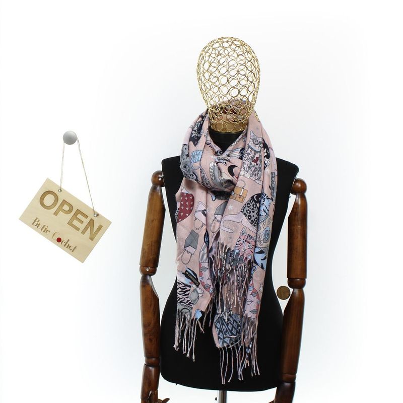 Fashion, accesorii si bijuterii - Femei - Accesorii femei - Esarfe si fulare femei - Esarfa, de dama, Buticcochet, Casmir, 70x170 cm, model pisicute, Roz pal - ES2757 - Infinity.ro
