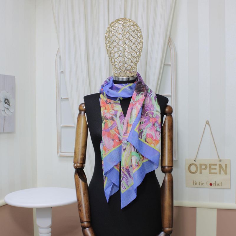 Fashion, accesorii si bijuterii - Femei - Accesorii femei - Esarfe si fulare femei - Esarfa, de dama, Buticcochet, din poliester, Albastru cu imprimeu floral, 50x160 cm - ES1061 - Infinity.ro