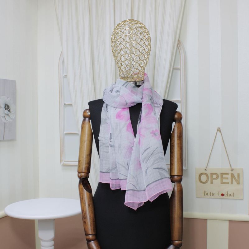 Fashion, accesorii si bijuterii - Femei - Accesorii femei - Esarfe si fulare femei - Esarfa, de dama, Buticcochet, din poliester, Gri cu flori roz,  50x160 cm - ES1053 - Infinity.ro