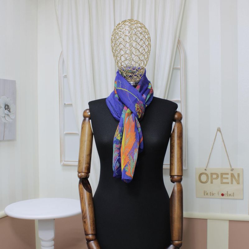 Fashion, accesorii si bijuterii - Femei - Accesorii femei - Esarfe si fulare femei - Esarfa, de dama, Buticcochet, Bleumarin cu pene colorate, 50x160 cm - ES1048 - Infinity.ro