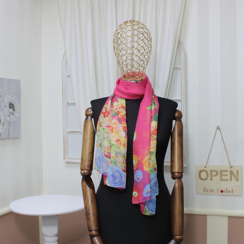 Fashion, accesorii si bijuterii - Femei - Accesorii femei - Esarfe si fulare femei - Esarfa, de dama, Buticcochet, din poliester, Roz cu imprimeu floral multicolor, 150x50 cm - ES1011 - Infinity.ro