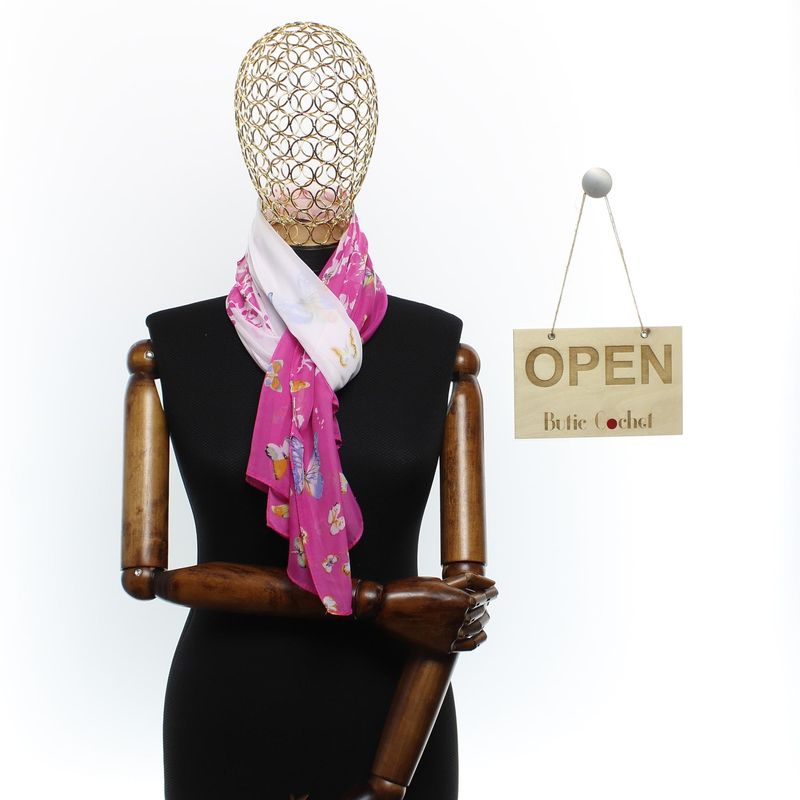 Fashion, accesorii si bijuterii - Femei - Accesorii femei - Esarfe si fulare femei - Esarfa, de dama, Buticcochet, din poliester, imprimeu cu fluturasi, 50x150 cm, Fucsia - ES2549 - Infinity.ro