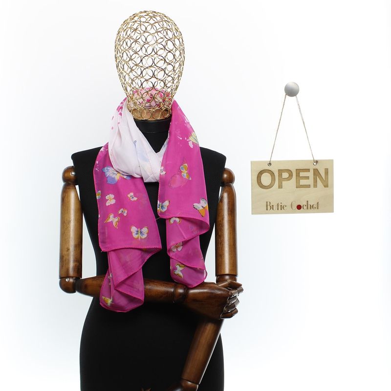 Fashion, accesorii si bijuterii - Femei - Accesorii femei - Esarfe si fulare femei - Esarfa, de dama, Buticcochet, din poliester, imprimeu cu fluturasi, 50x150 cm, Fucsia - ES2549 - Infinity.ro