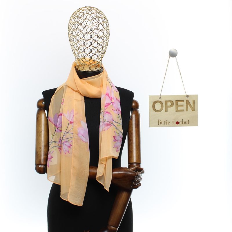 Fashion, accesorii si bijuterii - Femei - Accesorii femei - Esarfe si fulare femei - Esarfa, de dama, Buticcochet, din poliester, imprimeu floral, 50x150 cm, Portocaliu - ES2547 - Infinity.ro