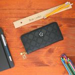Fashion, accesorii si bijuterii - Femei - Accesorii femei - Portofele femei - Portofel de dama, din piele ecologica, Buticcochet, cu un fermoar si flori, 19x10x2 cm, Negru - PR855 - Infinity.ro
