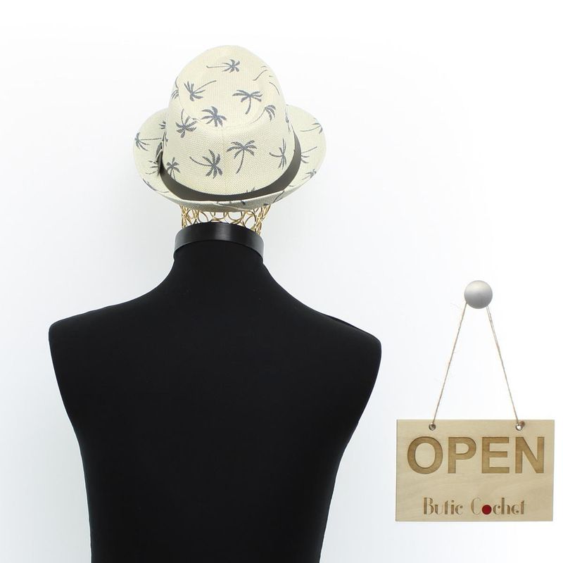 Fashion, accesorii si bijuterii - Barbati - Accesorii barbati - Caciuli si sepci barbati - Palarie de soare, barbati, din paie de hartie, cu banda decorativa gri, imprimeu cu palmieri, 59 cm, Crem - PAL1541 - Infinity.ro