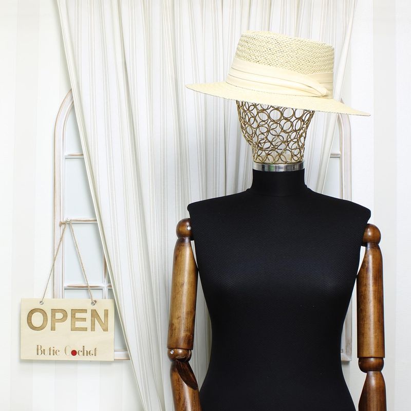 Fashion, accesorii si bijuterii - Femei - Accesorii femei - Caciuli si palarii femei - Palarie de soare, dama, Buticcochet, din paie de hartie, one size, cu banda textila decorativa, Bej - PAL1259 - Infinity.ro