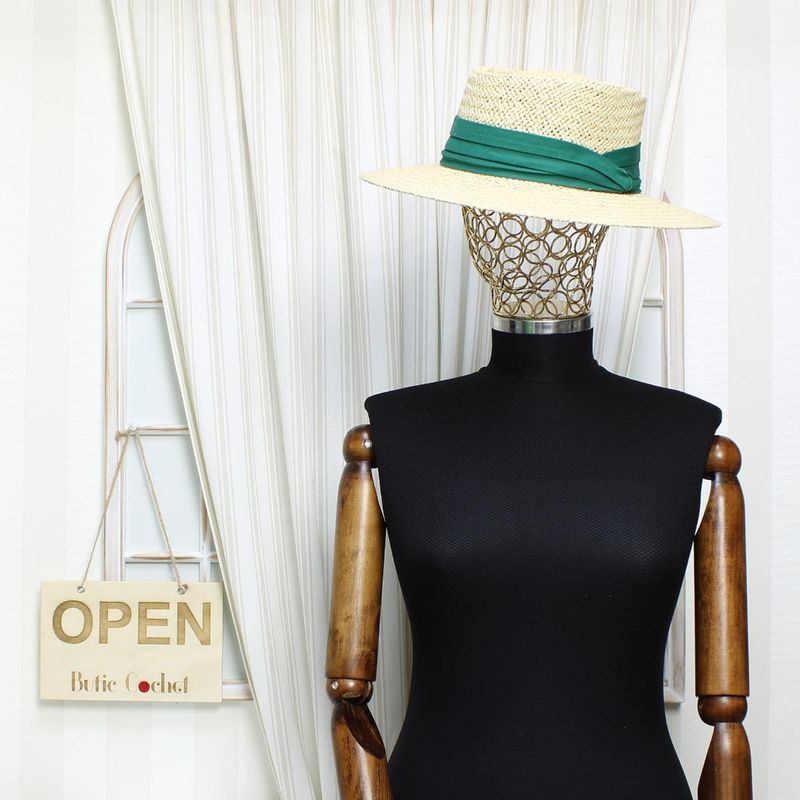Fashion, accesorii si bijuterii - Femei - Accesorii femei - Caciuli si palarii femei - Palarie de soare, dama, Buticcochet, din paie de hartie, one size, cu banda textila decorativa, Bej cu verde - PAL1257 - Infinity.ro