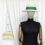 Fashion, accesorii si bijuterii - Femei - Accesorii femei - Caciuli si palarii femei - Palarie de soare, dama, Buticcochet, din paie de hartie, one size, cu banda textila decorativa, Bej cu verde - PAL1257 - Infinity.ro