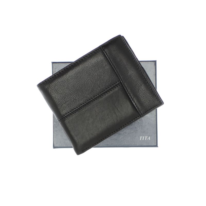 Fashion, accesorii si bijuterii - Femei - Accesorii femei - Portofele femei - Portofel barbatesc, piele naturala, model cusaturi, 9.5 x 12 x 1.5 cm, Negru - PR594 - Infinity.ro