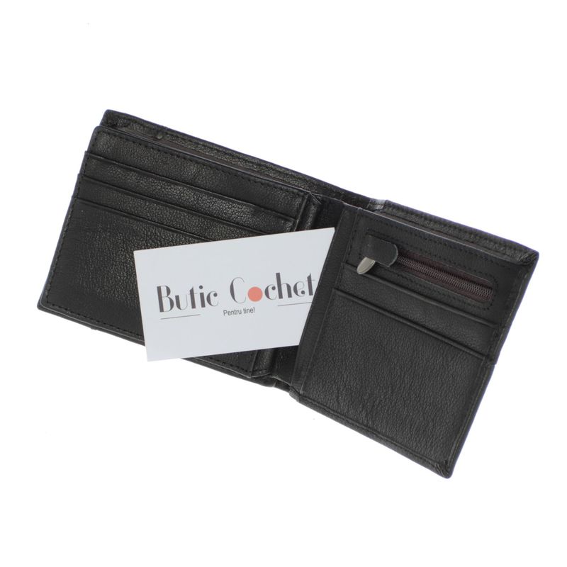 Fashion, accesorii si bijuterii - Femei - Accesorii femei - Portofele femei - Portofel barbatesc, piele naturala, model cusaturi, 9.5 x 12 x 1.5 cm, Negru - PR594 - Infinity.ro