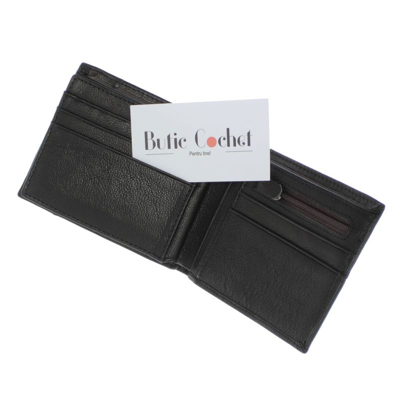 Fashion, accesorii si bijuterii - Femei - Accesorii femei - Portofele femei - Portofel barbatesc, piele naturala, model cusaturi, 9.5 x 12 x 1.5 cm, Negru - PR594 - Infinity.ro