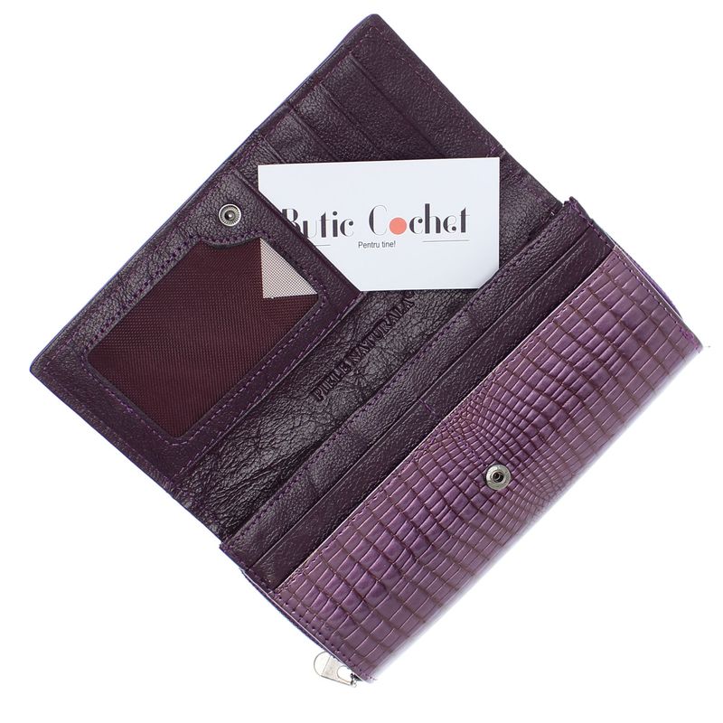 Fashion, accesorii si bijuterii - Femei - Accesorii femei - Portofele femei - Portofel de dama, din piele naturala, model cu aligator 3D, 18.5 x 9 x 3.5 cm,  Mov - PR585 - Infinity.ro