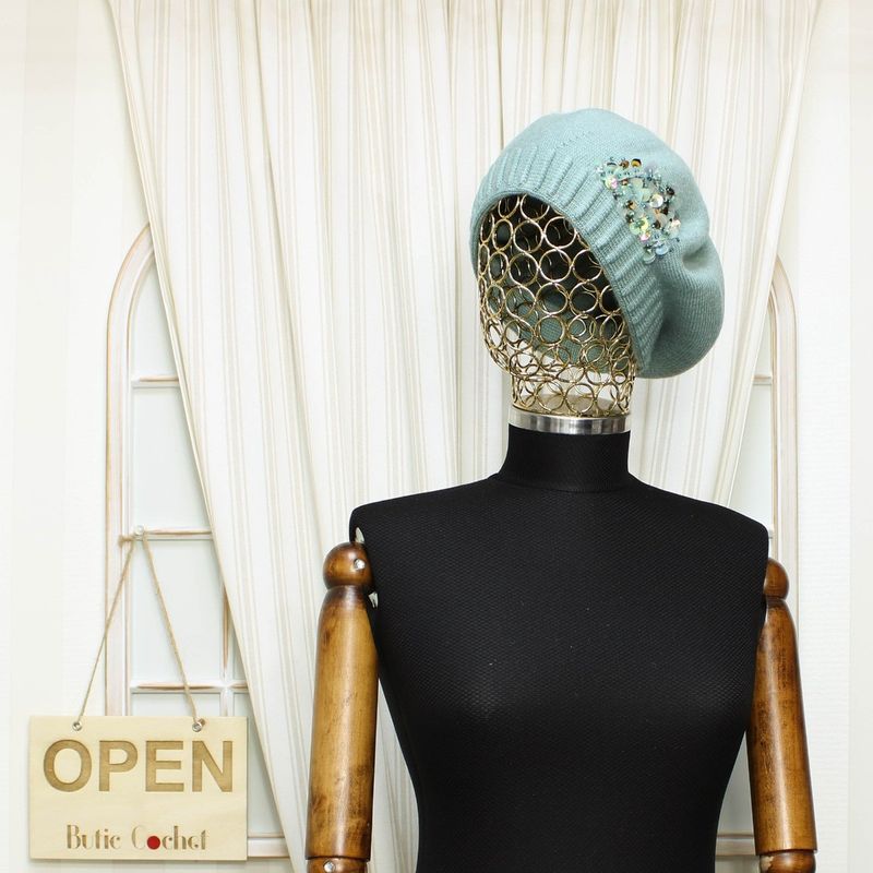 Fashion, accesorii si bijuterii - Femei - Accesorii femei - Caciuli si palarii femei - Bereta de dama, Buticcochet, one size, lana, model cu paiete, Verde menta - BSC432 - Infinity.ro