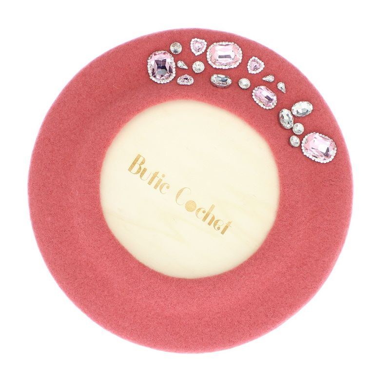 Fashion, accesorii si bijuterii - Femei - Accesorii femei - Caciuli si palarii femei - Bereta de dama, din lana, ButicCochet, one size, model cu strasuri decorative, Roz somon - BSC572 - Infinity.ro