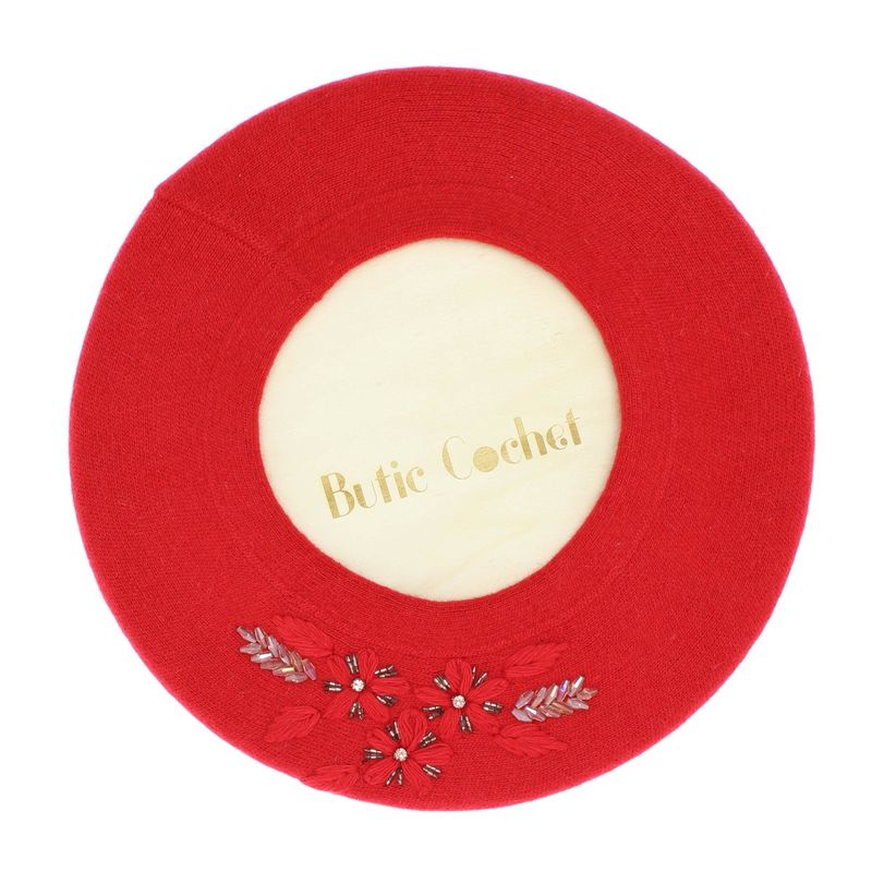 Fashion, accesorii si bijuterii - Femei - Accesorii femei - Caciuli si palarii femei - Bereta de dama, Buticcochet, one size, lana, model cu flori si bilute, Rosu - BSC436 - Infinity.ro