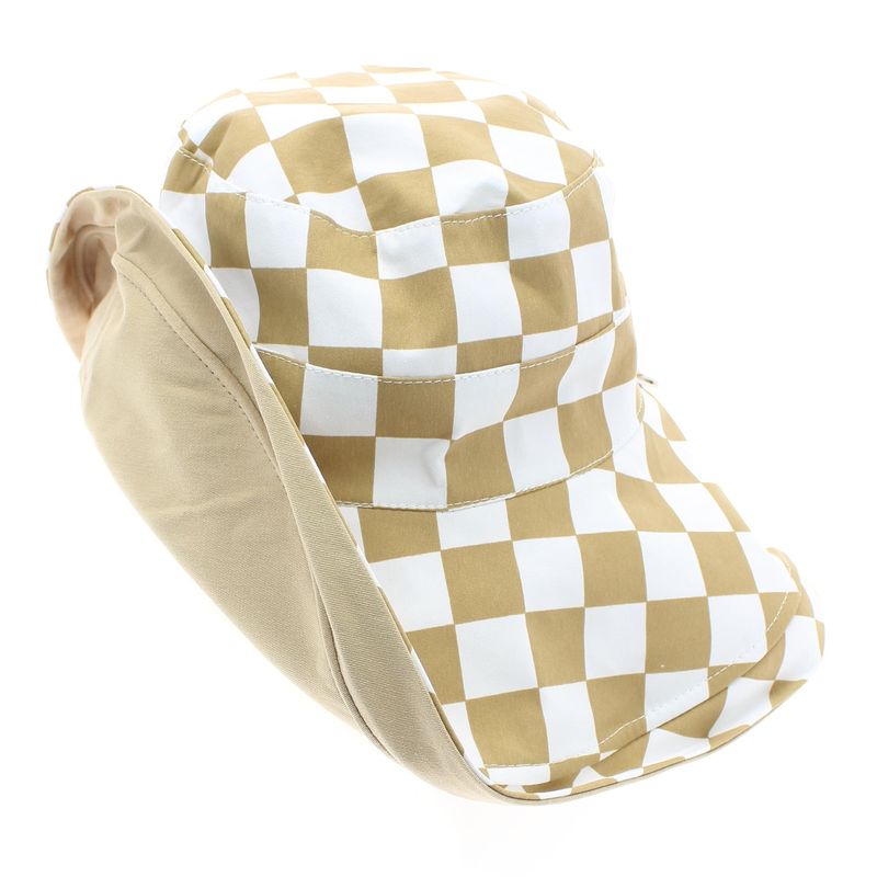 Fashion, accesorii si bijuterii - Femei - Accesorii femei - Caciuli si palarii femei - Palarie dama, cu bor mare, din 50% bumbac 50% poliester, cu doua fete, one size, Buticcochet, imprimeu cu patratele, Bej - PAL1148 - Infinity.ro