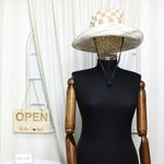 Fashion, accesorii si bijuterii - Femei - Accesorii femei - Caciuli si palarii femei - Palarie dama, cu bor mare, din 50% bumbac 50% poliester, cu doua fete, one size, Buticcochet, imprimeu cu patratele, Crem - PAL1147 - Infinity.ro