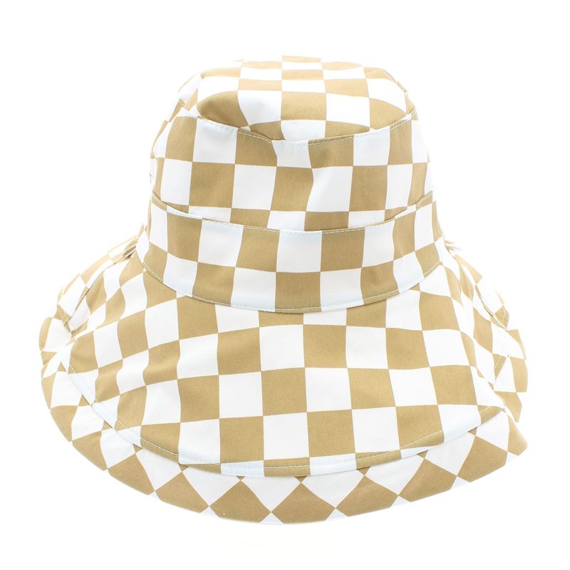 Fashion, accesorii si bijuterii - Femei - Accesorii femei - Caciuli si palarii femei - Palarie dama, cu bor mare, din 50% bumbac 50% poliester, cu doua fete, one size, Buticcochet, imprimeu cu patratele, Crem - PAL1147 - Infinity.ro