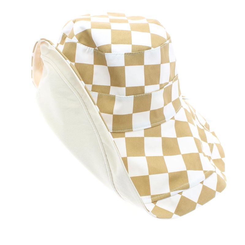 Fashion, accesorii si bijuterii - Femei - Accesorii femei - Caciuli si palarii femei - Palarie dama, cu bor mare, din 50% bumbac 50% poliester, cu doua fete, one size, Buticcochet, imprimeu cu patratele, Crem - PAL1147 - Infinity.ro