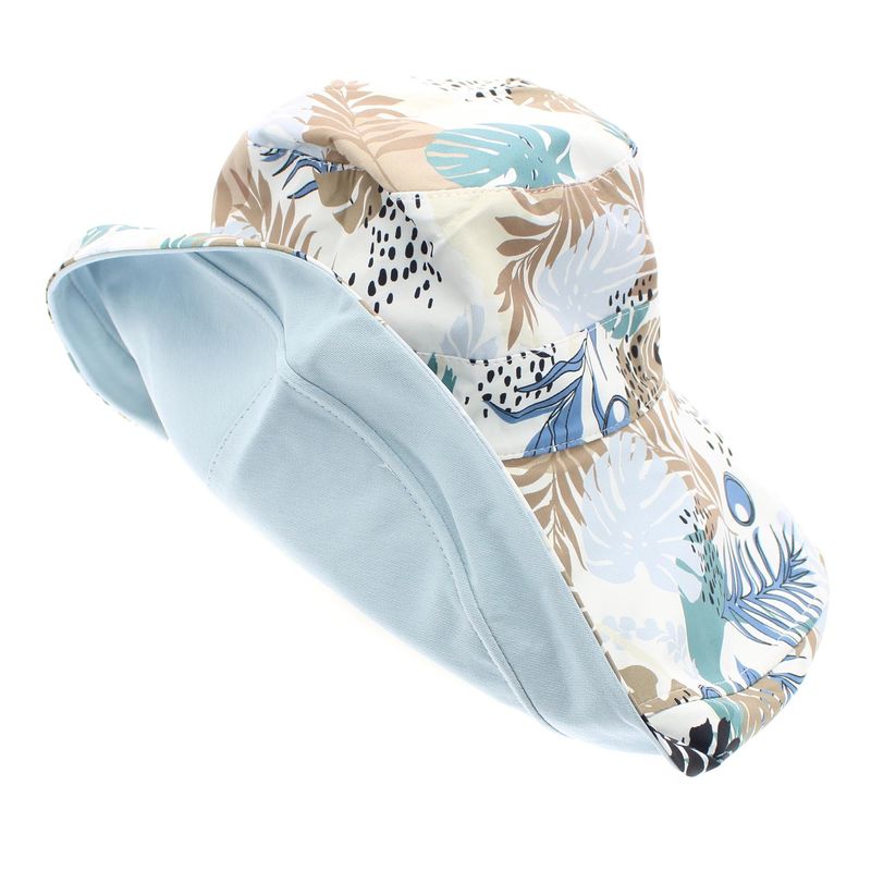 Fashion, accesorii si bijuterii - Femei - Accesorii femei - Caciuli si palarii femei - Palarie dama, cu bor mare, din 50% bumbac 50% poliester, cu doua fete, one size, Buticcochet, imprimeu cu frunze, Bleu - PAL1146 - Infinity.ro