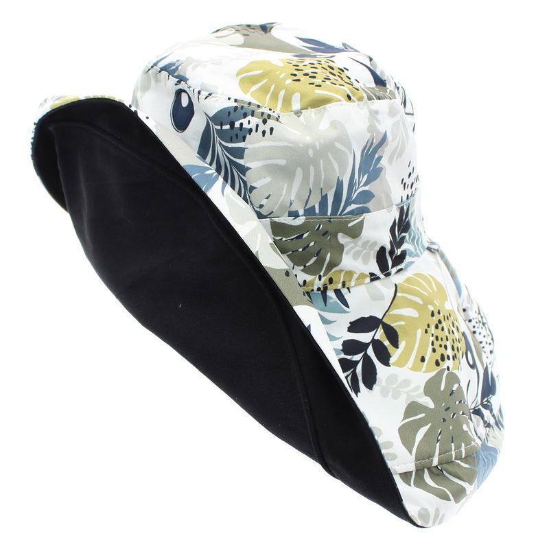 Fashion, accesorii si bijuterii - Femei - Accesorii femei - Caciuli si palarii femei - Palarie dama, cu bor mare, din 50% bumbac 50% poliester, cu doua fete, one size, Buticcochet, imprimeu cu frunze, Negru - PAL1141 - Infinity.ro