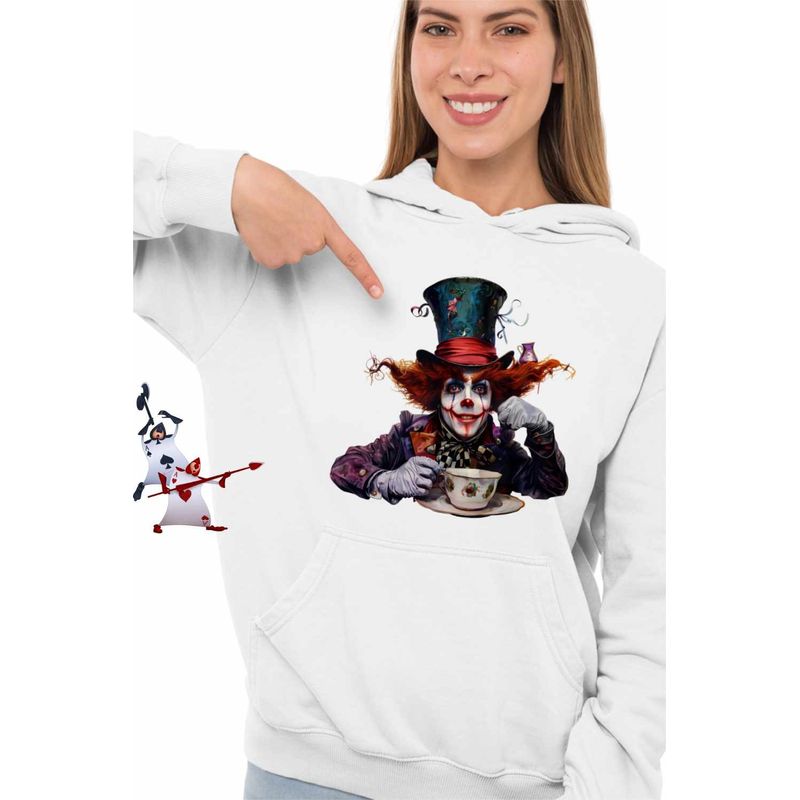 Fashion, accesorii si bijuterii - Femei - Imbracaminte femei - Hanorace femei - Hanorac Femei Alice Tara Minunilor Palarierul Nebun, alb, marime 2XL - Infinity.ro