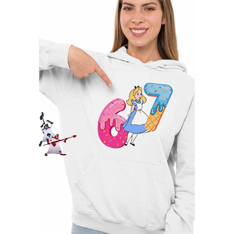 Fashion, accesorii si bijuterii - Femei - Imbracaminte femei - Hanorace femei - Hanorac Femei Alice Tara Minunilor Six Seven Sase Sapte 67, alb, marime 2XL - Infinity.ro
