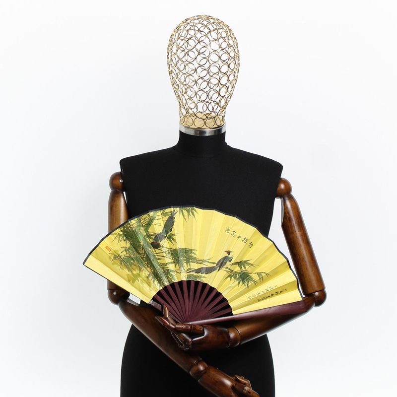 Fashion, accesorii si bijuterii - Femei - Accesorii femei - Alte accesorii femei - Evantai pliabil, Buticcochet, din bambus, imprimeu cu frunze si pasari, 23 cm, Multicolor - EV290 - Infinity.ro