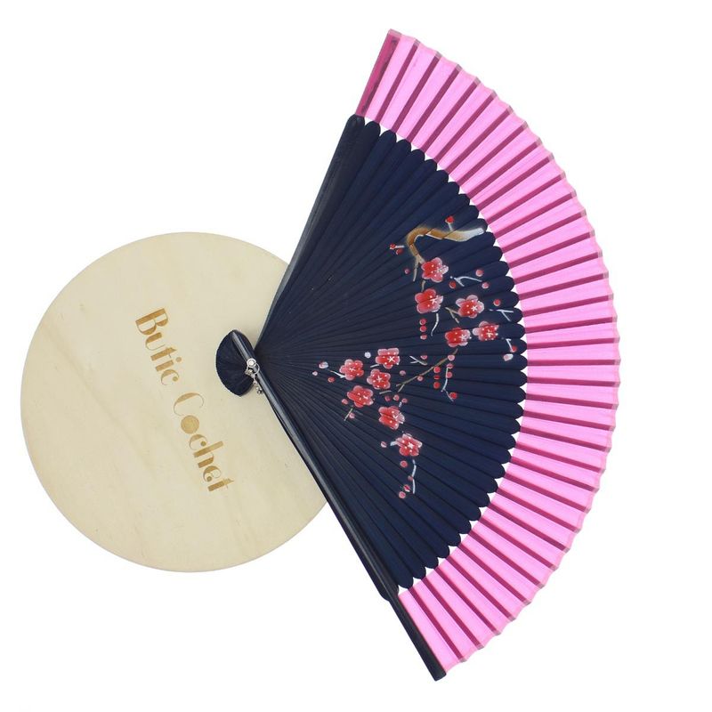 Fashion, accesorii si bijuterii - Femei - Accesorii femei - Alte accesorii femei - Evantai pliabil, Buticcochet, din platic, imprimeu floral, 22 cm, Bleumarin cu roz - EV301 - Infinity.ro
