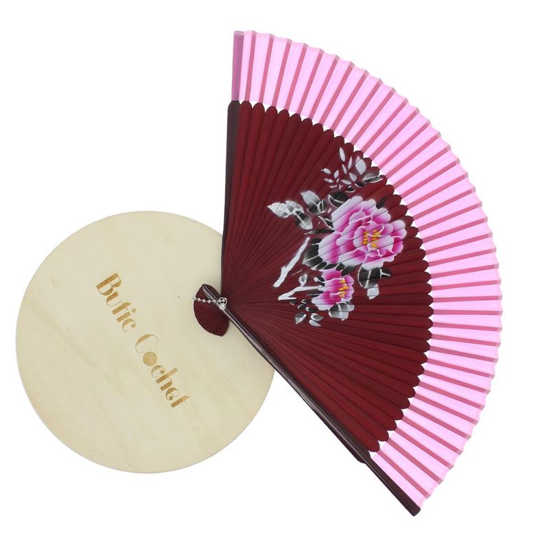 Fashion, accesorii si bijuterii - Femei - Accesorii femei - Alte accesorii femei - Evantai pliabil, Buticcochet, din platic, imprimeu floral, 22 cm, Visiniu cu roz - EV313 - Infinity.ro