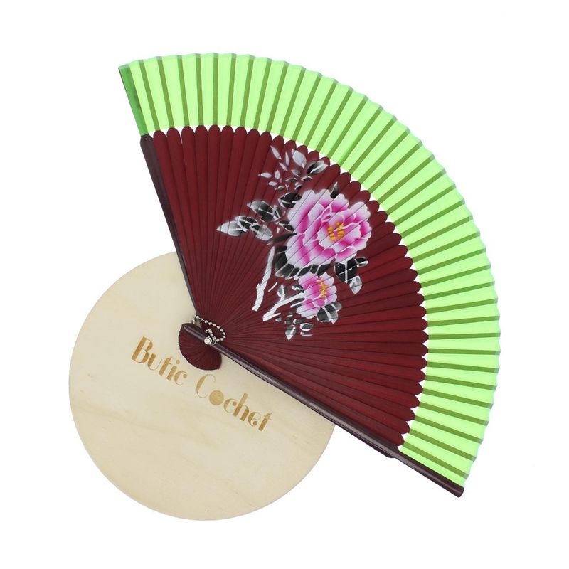 Fashion, accesorii si bijuterii - Femei - Accesorii femei - Alte accesorii femei - Evantai pliabil, Buticcochet, din platic, imprimeu floral, 22 cm, Visiniu cu verde - EV311 - Infinity.ro