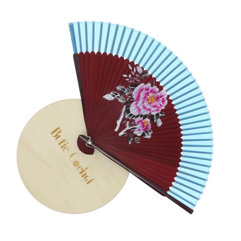 Fashion, accesorii si bijuterii - Femei - Accesorii femei - Alte accesorii femei - Evantai pliabil, Buticcochet, din platic, imprimeu floral, 22 cm, Visiniu cu albastru - EV315 - Infinity.ro