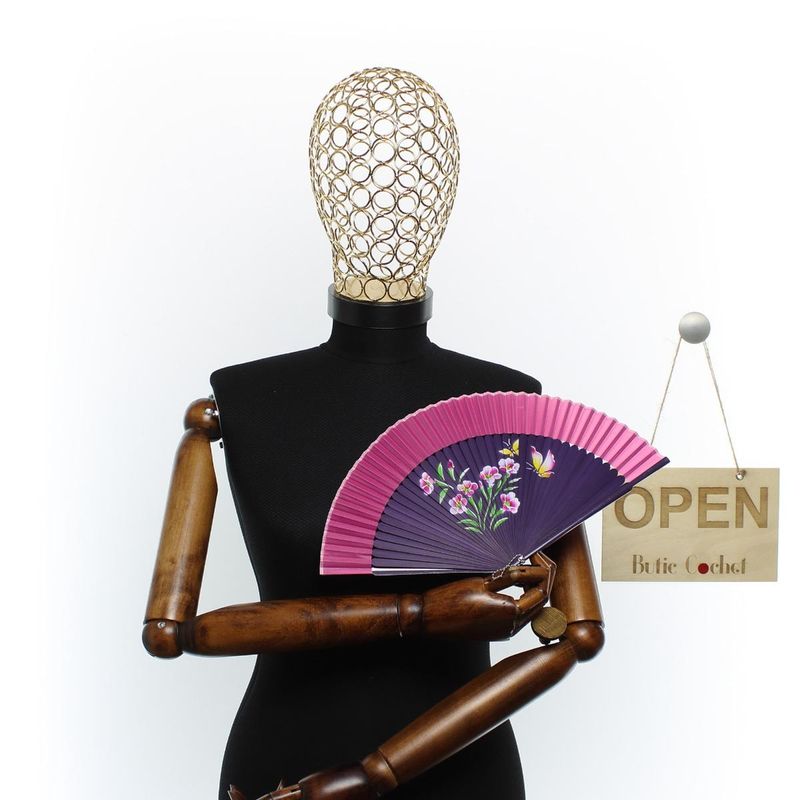 Fashion, accesorii si bijuterii - Femei - Accesorii femei - Alte accesorii femei - Evantai pliabil, Buticcochet, din platic, imprimeu floral, 22 cm, Mov cu fucsia - EV319 - Infinity.ro