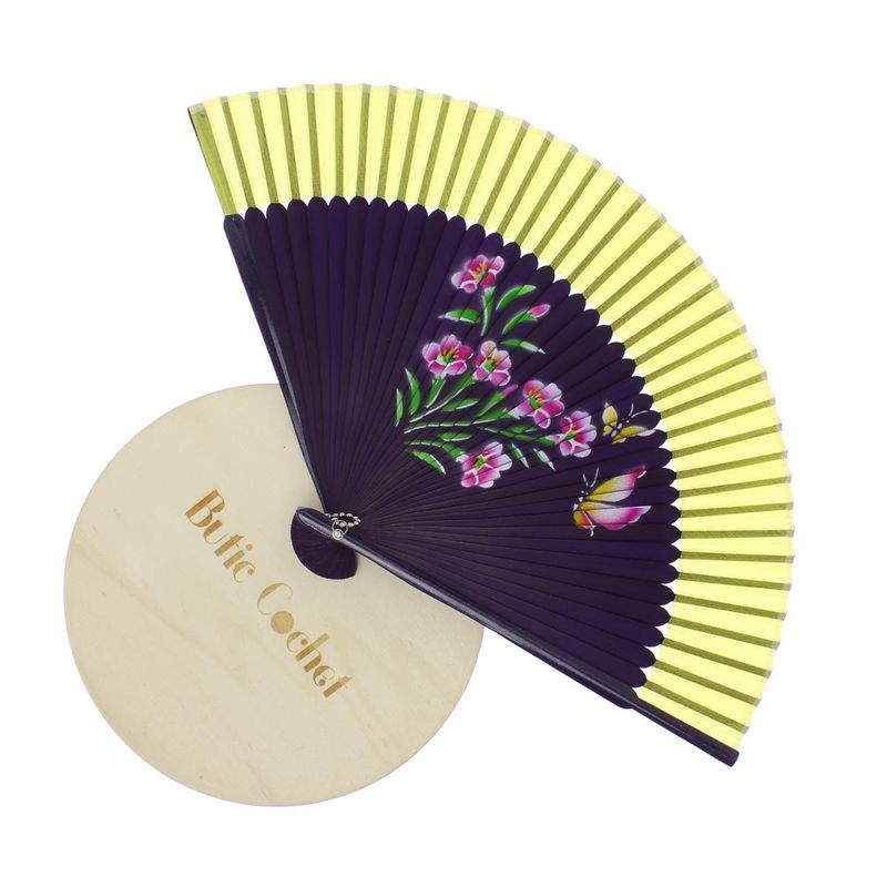 Fashion, accesorii si bijuterii - Femei - Accesorii femei - Alte accesorii femei - Evantai pliabil, Buticcochet, din platic, imprimeu floral, 22 cm, Mov cu galben - EV323 - Infinity.ro