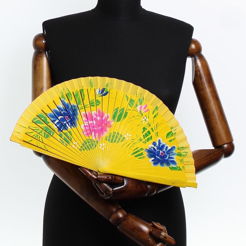 Fashion, accesorii si bijuterii - Femei - Accesorii femei - Alte accesorii femei - Evantai pliabil, din lemn, Buticcochet, cu model floral pictat, 23 cm, Galben - EV285 - Infinity.ro