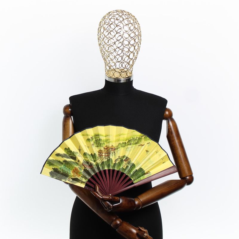 Fashion, accesorii si bijuterii - Femei - Accesorii femei - Alte accesorii femei - Evantai pliabil, Buticcochet, din bambus, imprimeu cu templu, 23 cm, Multicolor - EV287 - Infinity.ro