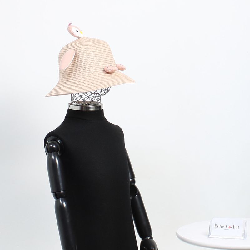 Fashion, accesorii si bijuterii - Femei - Accesorii femei - Caciuli si palarii femei - Palarie de soare, pentru copii, ButicCochet, din paie de hartie, 52 cm, cu pinguin, Roz pudra - PAL1302 - Infinity.ro