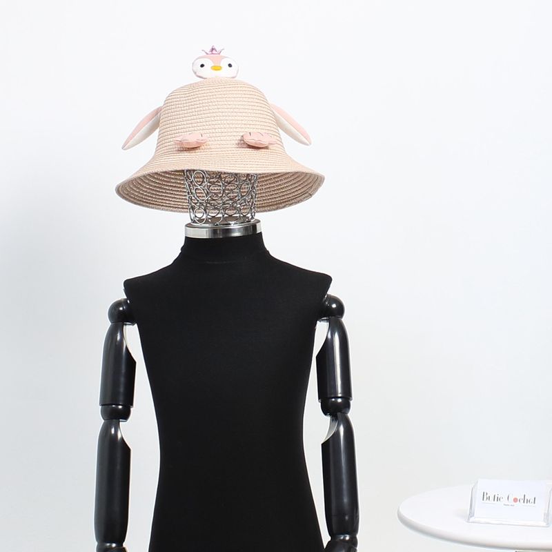 Fashion, accesorii si bijuterii - Femei - Accesorii femei - Caciuli si palarii femei - Palarie de soare, pentru copii, ButicCochet, din paie de hartie, 52 cm, cu pinguin, Roz pudra - PAL1302 - Infinity.ro