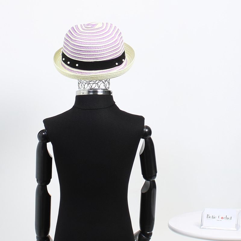 Fashion, accesorii si bijuterii - Femei - Accesorii femei - Caciuli si palarii femei - Palarie de soare, pentru copii, ButicCochet, din paie de hartie, 50 cm, cu Flori si perle, Mov - PAL1314 - Infinity.ro
